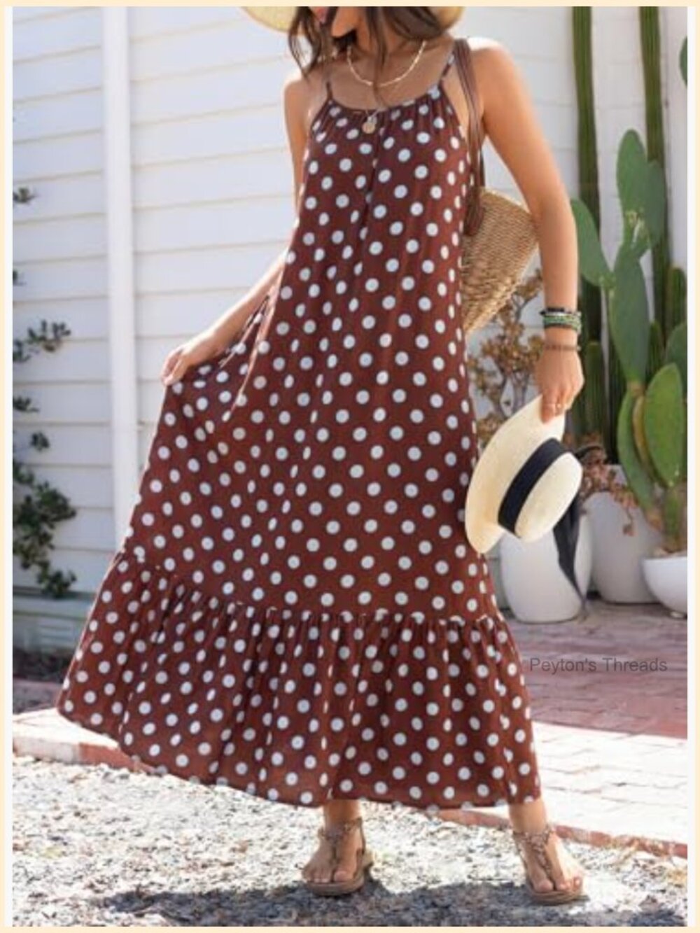 Spaghetti Strap Smocked Ruffle Flowy Boho Maxi Dress - Sleeveless A-Line - Picture 3 of 7